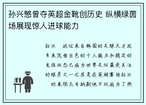 孙兴慜曾夺英超金靴创历史 纵横绿茵场展现惊人进球能力 孙兴慜曾夺英超金靴创历史 纵横绿茵场展现惊人进球能力