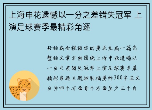 上海申花遗憾以一分之差错失冠军 上演足球赛季最精彩角逐