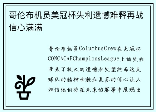 哥伦布机员美冠杯失利遗憾难释再战信心满满 哥伦布机员美冠杯失利遗憾难释再战信心满满