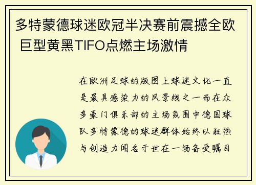 多特蒙德球迷欧冠半决赛前震撼全欧 巨型黄黑TIFO点燃主场激情 多特蒙德球迷欧冠半决赛前震撼全欧 巨型黄黑TIFO点燃主场激情